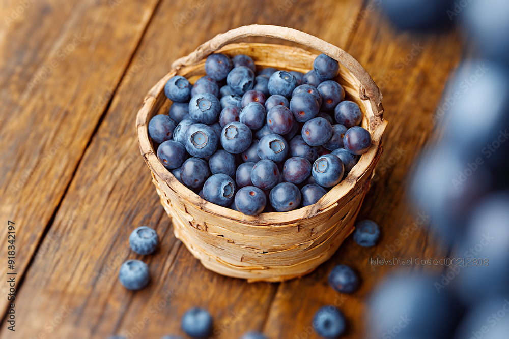 Handwoven birch bark basket overflowing with ripe blueberries, bathed in warm autumn sunlight. Handwoven birch bark basket overflowing with ripe blueberries, bathed in warm autumn sunlight.