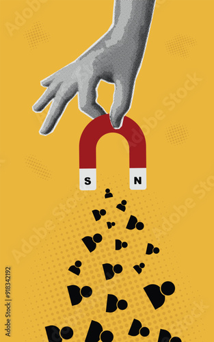 hand holding magnet attracting customers, halftone design, magazine grunge style