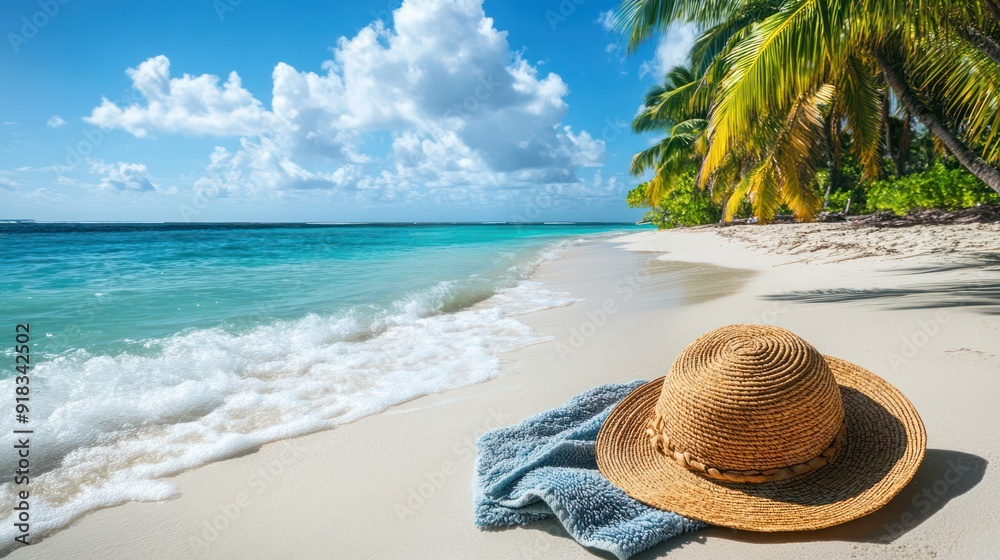 Beach accessories straw hat, towel on sunny tropical beach with palm trees Beach accessories straw hat, towel on sunny tropical beach with palm trees