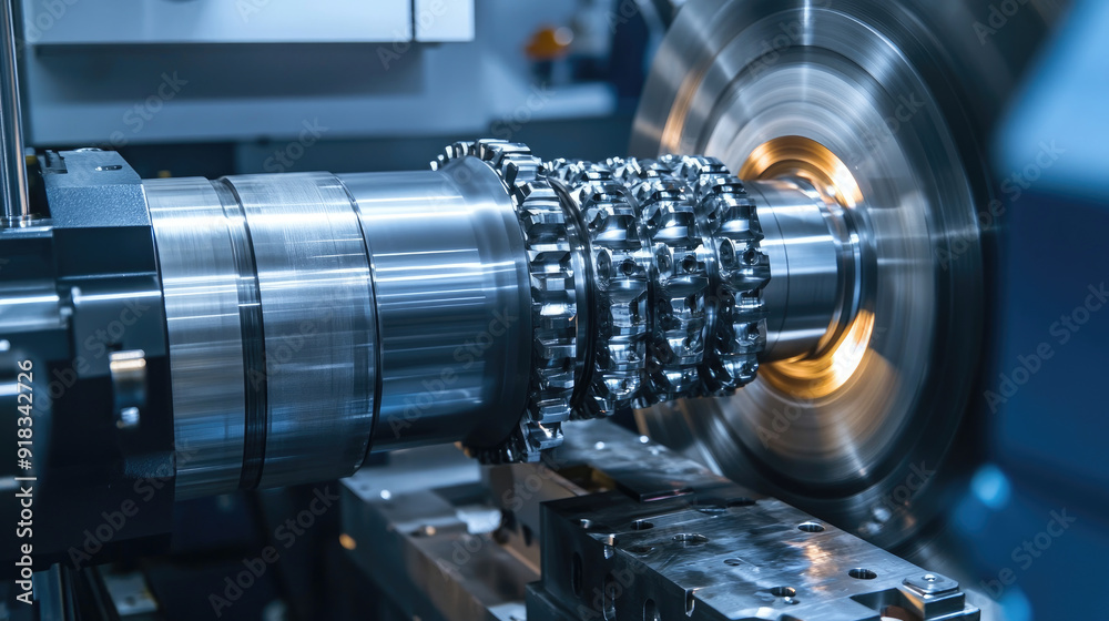 Detailed Close-Up of Engine Block Lathe with Gears in Automotive Manufacturing Detailed Close-Up of Engine Block Lathe with Gears in Automotive Manufacturing