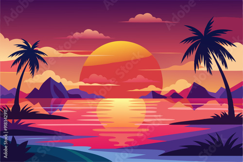 Sunset Over a Tropical Island Landscape with Palm Trees and Mountains