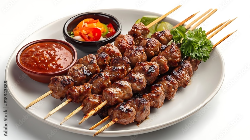 Grilled Meat Skewers with Spicy Dipping Sauce - Realistic Food Photography Grilled Meat Skewers with Spicy Dipping Sauce - Realistic Food Photography