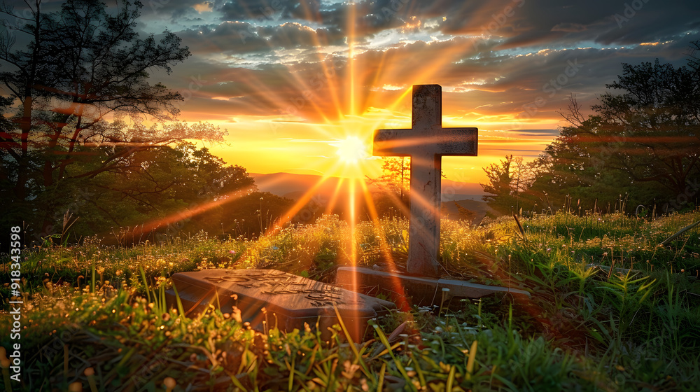 © Prasanth - A cross and an empty grave in the rays of the rising sun , rising, rays