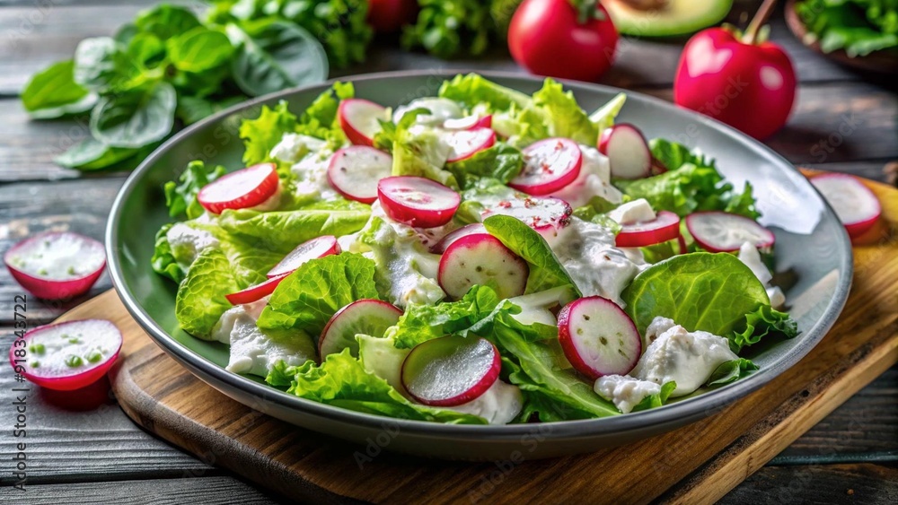 A Symphony of Freshness: Radish, Cucumber, and Romaine Salad with Cottage Cheese and Yogurt generative AI A Symphony of Freshness: Radish, Cucumber, and Romaine Salad with Cottage Cheese and Yogurt generative AI