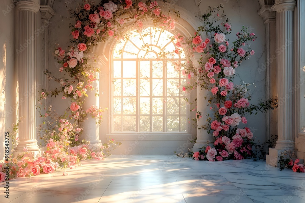 Background wedding luxurious white room with flowers and sunshine through the windown generate AI Background wedding luxurious white room with flowers and sunshine through the windown generate AI