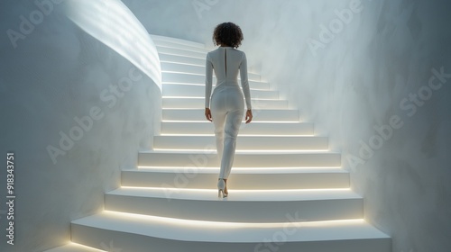 Woman ascending walking on white stairs, in an elegant white outfit, minimalist light background, concept of progress, way to success