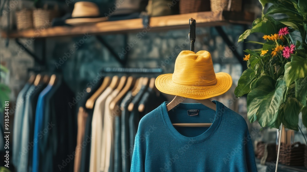 Yellow Hat Hanging Above Blue Shirt in Clothing Store Yellow Hat Hanging Above Blue Shirt in Clothing Store