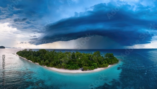 Massive Supercell Thunderstorm Over beautiful small tropical island on sea side at Sunset