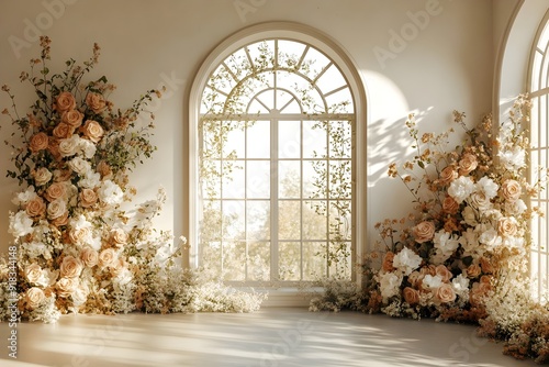 Background wedding luxurious white room with flowers and sunshine through the windown generate AI	 photo