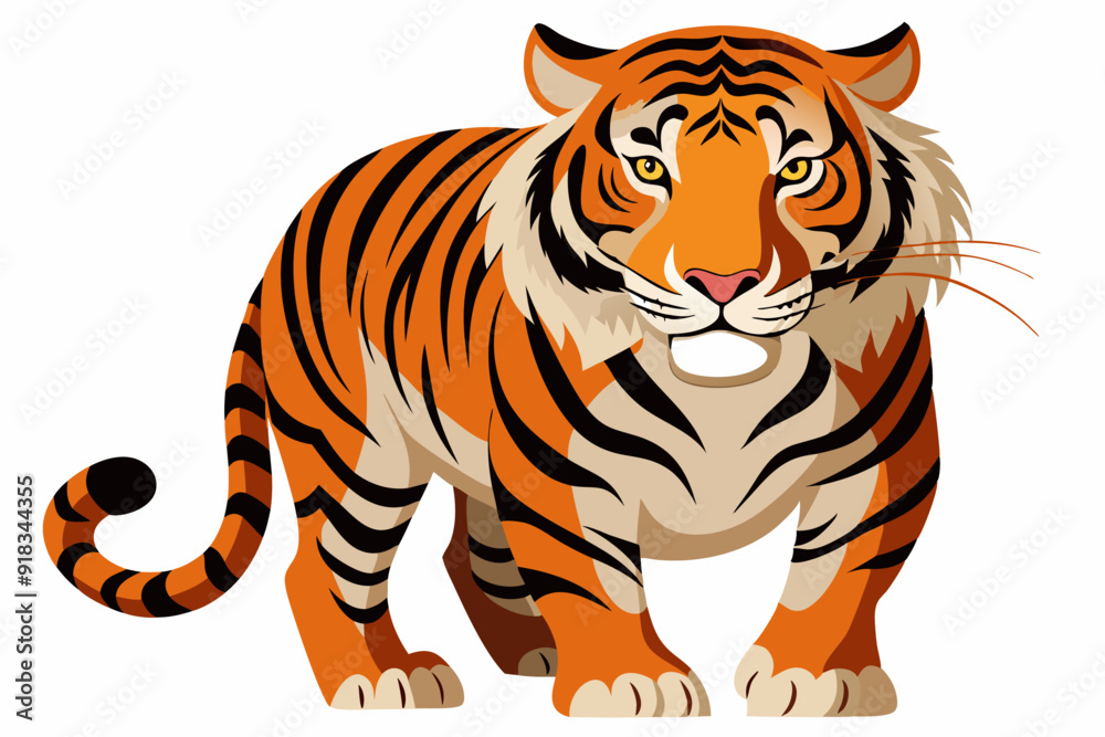 Obraz premium A cartoon tiger with orange and black stripes standing on a white background