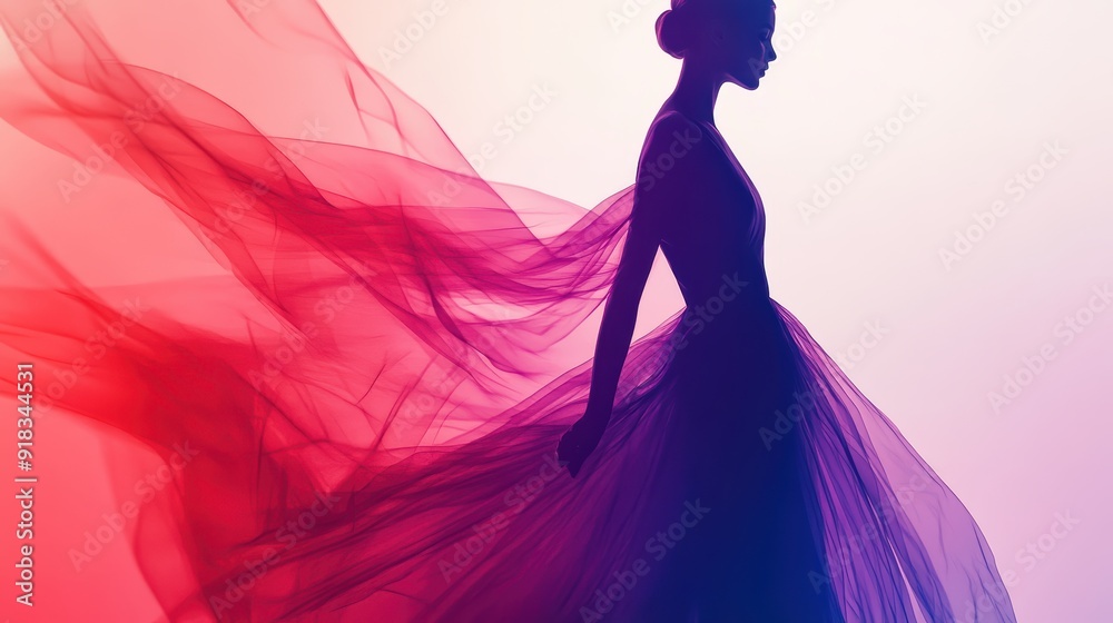 Woman in flowing gown with pink and purple gradient background Woman in flowing gown with pink and purple gradient background