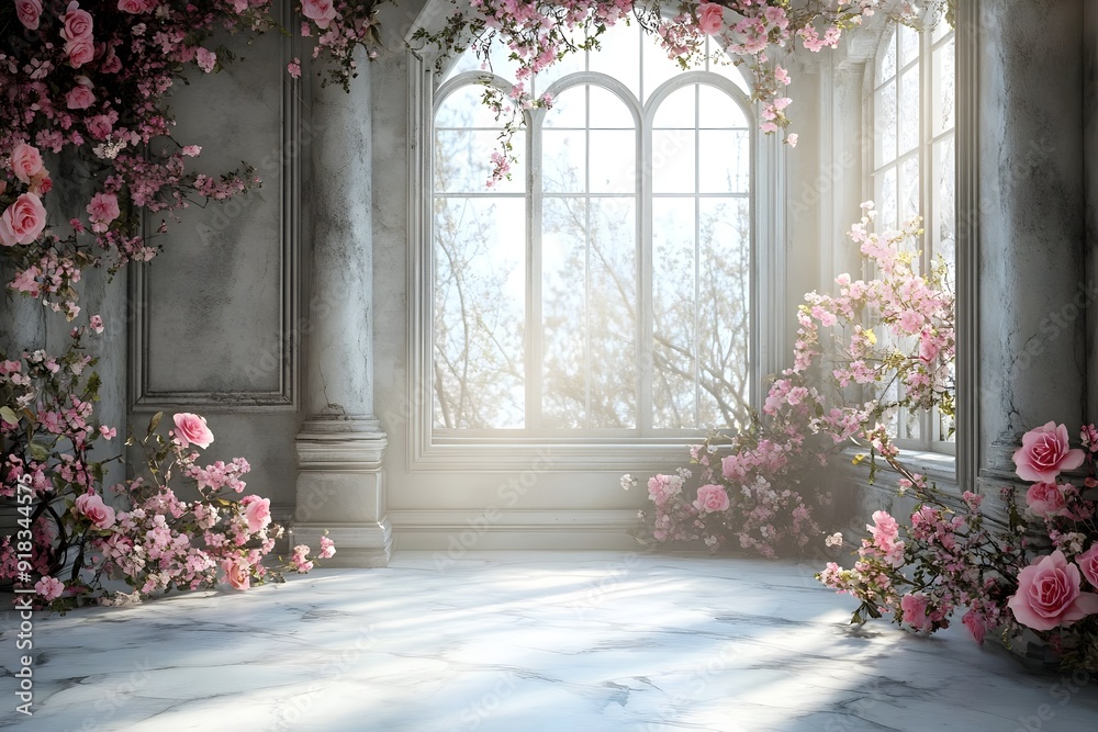 Background wedding luxurious white room with flowers and sunshine through the windown generate AI Background wedding luxurious white room with flowers and sunshine through the windown generate AI