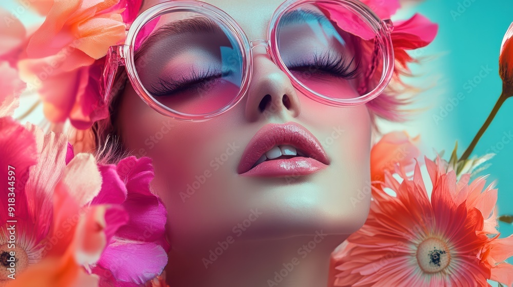 Woman with Pink Sunglasses and Flowers Woman with Pink Sunglasses and Flowers