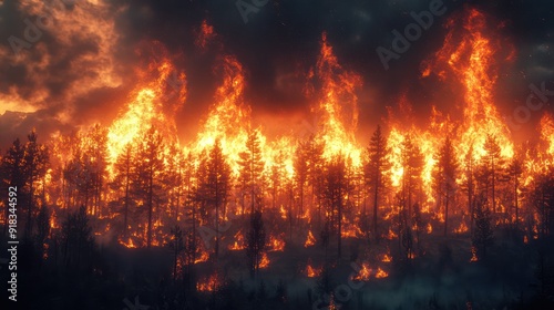 Massive wildfire engulfing a forest with flames and smoke rising hyper realistic