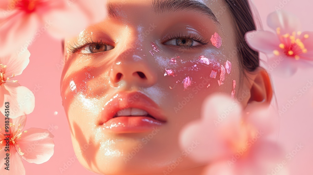 Woman with Pink Flowers and Glittery Makeup Woman with Pink Flowers and Glittery Makeup