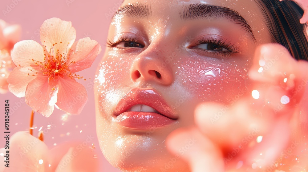 Woman with glowing skin surrounded by pink flowers