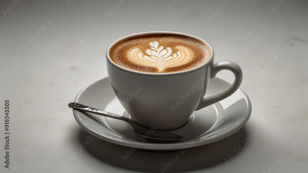 A warm and inviting latte coffee in a classic ceramic cup, set against a soft white background. A warm and inviting latte coffee in a classic ceramic cup, set against a soft white background.