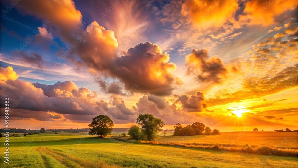 Fototapeta premium Golden Hues Paint the Sky: A Sunset Landscape of Peace and Tranquility Generative AI