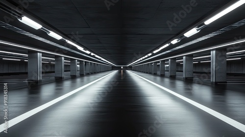 Futuristic dark architecture with car park, empty black floor. concept of car sale, automobile, automotive empty space or area in showroom, shop or store. for product display 