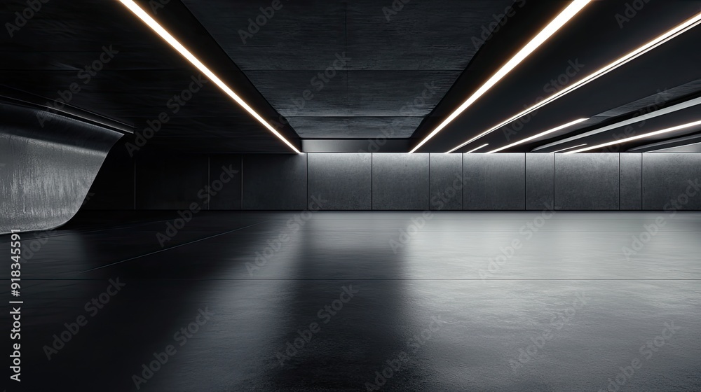 © Ilmi - Futuristic dark architecture with car park, empty black floor. concept of car sale, automobile, automotive empty space or area in showroom, shop or store. for product display