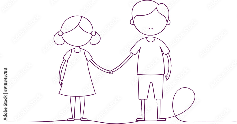 continuous single line drawing of toddler girl and boy running hand in hand, line art vector illustration continuous single line drawing of toddler girl and boy running hand in hand, line art vector illustration