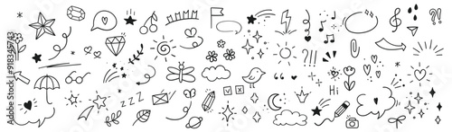 Wallpaper Mural Cute Doodle pen line elements. Heart, bubble, doodle, arrow, star, icon, shiny ornaments set. Simple drawing in line style sketch, attention, lettering, text, pattern elements. Vector illustration. Torontodigital.ca