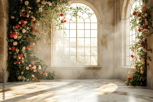 Background wedding luxurious white room with flowers and sunshine through the windown generate AI	 photo