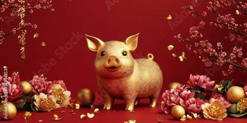 Chinese Zodiac Elegant Golden Pig in 3D Illustration Embraced by Blossoms and Traditional Chinese Elements, Adorned in Gold Foil and Crimson Gradient for a Joyous Lunar New Year.