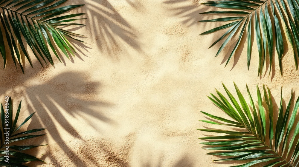 summer background of beach sand with shadows from palm leaves