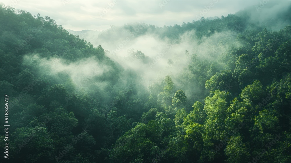 The scene captures the dense, lush green trees shrouded in a mystical layer of fog The scene captures the dense, lush green trees shrouded in a mystical layer of fog