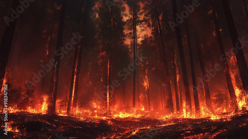 A forest engulfed in flames. Tall trees, predominantly conifers, stand tall with their branches and foliage illuminated by the fiery glow. The ground is strewn with burning embers and small fires