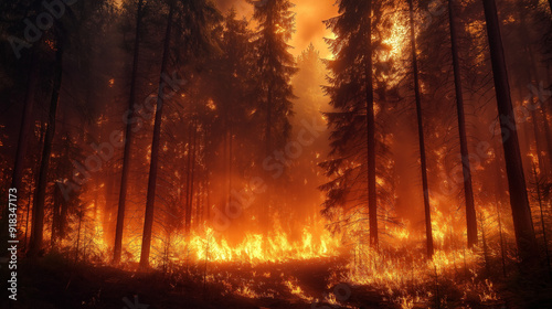 A forest engulfed in flames. Tall trees, predominantly conifers, stand tall with their branches and foliage illuminated by the fiery glow. The ground is strewn with burning embers and small fires