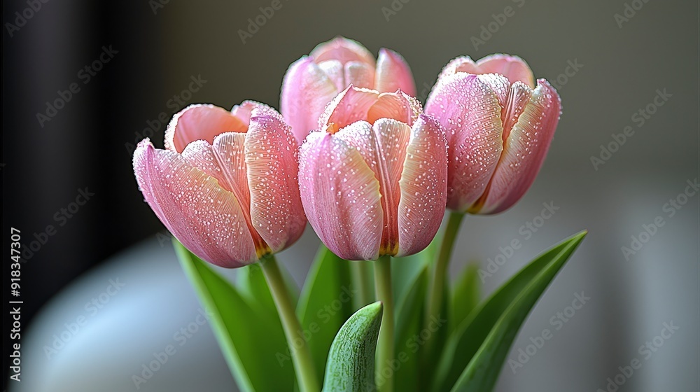 Fototapeta premium Pink Tulips with Dew Drops