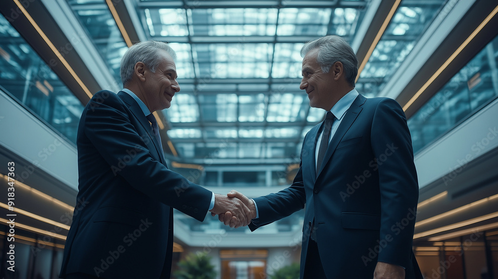 Two mature men in formal attire, shaking hands in what appears to be a modern office or corporate setting. The background features a well-lit atrium with glass panels, allowing a view of the interior. Two mature men in formal attire, shaking hands in what appears to be a modern office or corporate setting. The background features a well-lit atrium with glass panels, allowing a view of the interior.