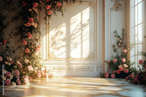 Background wedding luxurious white room with flowers and sunshine through the windown generate AI	 photo