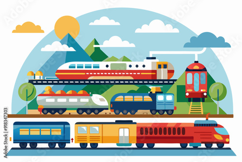 Colorful Train Illustration with Mountain Landscape