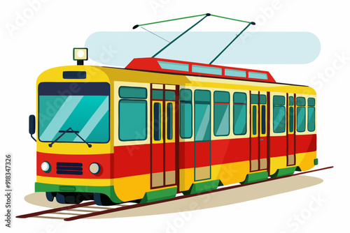 Yellow and Red Tram with Overhead Wires on Tracks