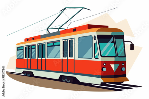 Red and White Tram with Overhead Wires
