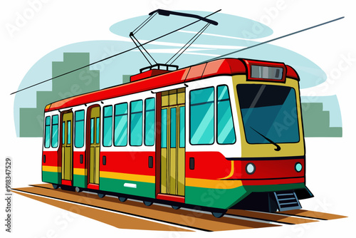 Red and Green Tram on Tracks in Urban Setting