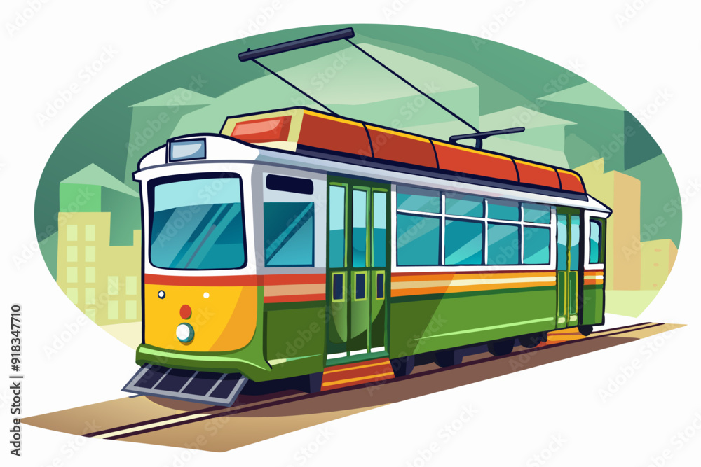 Naklejka premium A Green and Yellow Tram Traveling Through the City