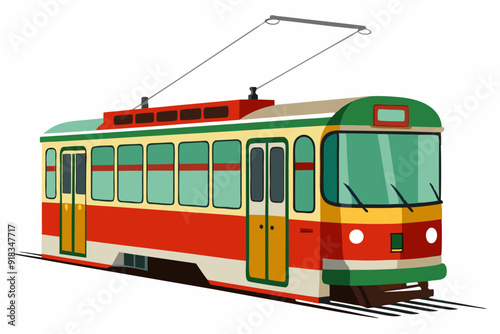 Retro Red and Green Tram with Overhead Wires