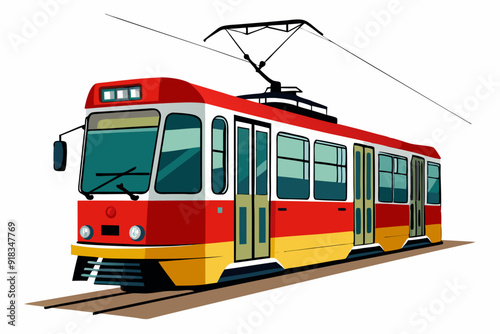 Red and Yellow Tram with Overhead Wires