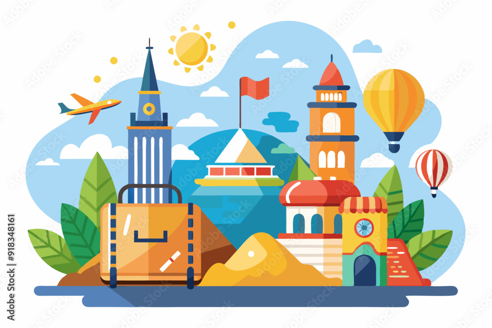Fototapeta premium Travel Illustration Featuring Luggage, Airplane, Hot Air Balloons, and City Buildings