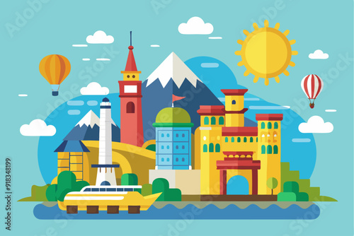 Colorful Cityscape with Buildings, Mountains, and Hot Air Balloons