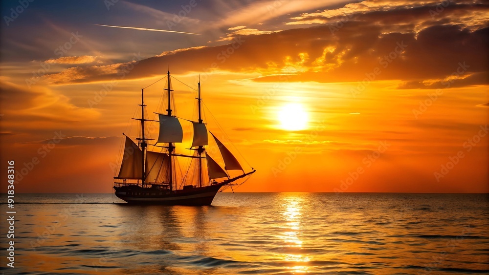 Fototapeta premium A Symphony of Sunsets: A Sailing Vessel Embracing the Golden Hour Generative AI