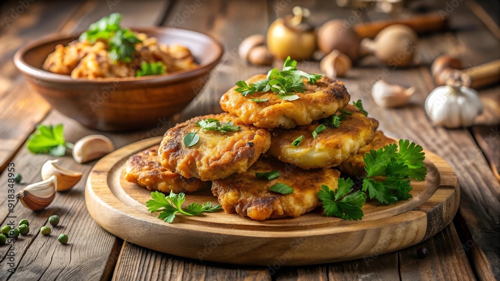 Golden Hour Glow: Rustic Chicken Fritters and Mushrooms Generative AI Golden Hour Glow: Rustic Chicken Fritters and Mushrooms Generative AI
