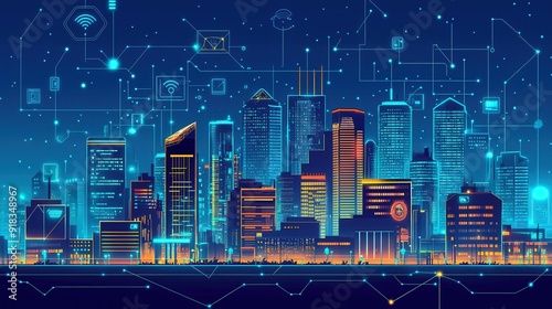 A vibrant city skyline illuminated with digital connections, symbolizing technology and innovation in urban life.