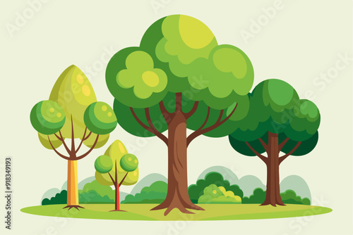 Cartoon Illustration of Four Trees in a Green Meadow