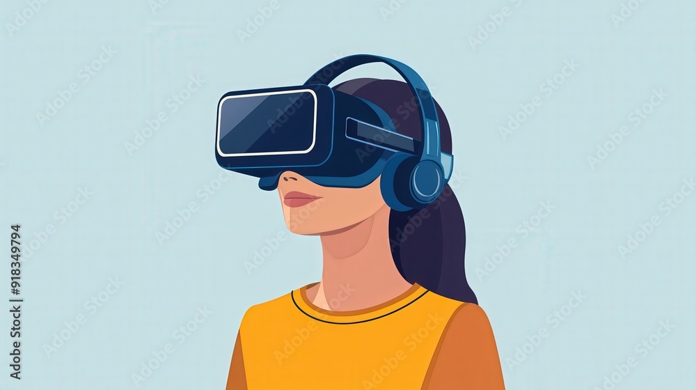 A young woman enjoying an immersive experience with virtual reality headset and headphones, showcasing modern technology. A young woman enjoying an immersive experience with virtual reality headset and headphones, showcasing modern technology.