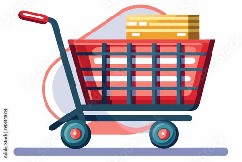Red Shopping Cart with Stacked Cardboard Boxes
